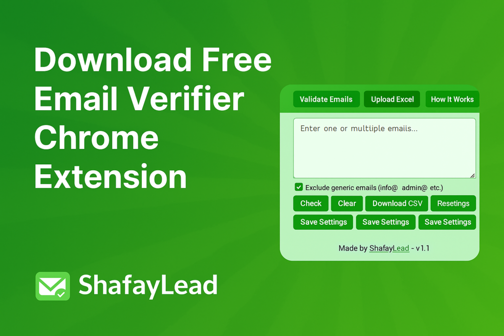 Interface of ShafayLead Email Verifier Chrome Extension showing bulk email input, validation options, and settings panel